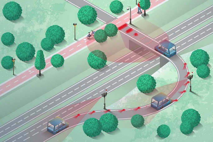 Grafische Darstellung einer Abfahrt mit anschließender Kreuzung mit roten Warnelementen