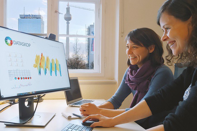 Zwei junge Frauen sitzen lächelnd an einem Schreibtisch und schauen auf einen Bildschirm mit einer Grafik mit der Überschrift "DataSkop". Im Hintergrund sieht man den Berliner Fernsehturm.