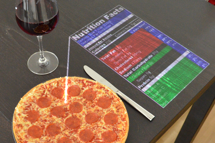 Über einer Pizza werden Informationen zu Nährwerten angezeigt